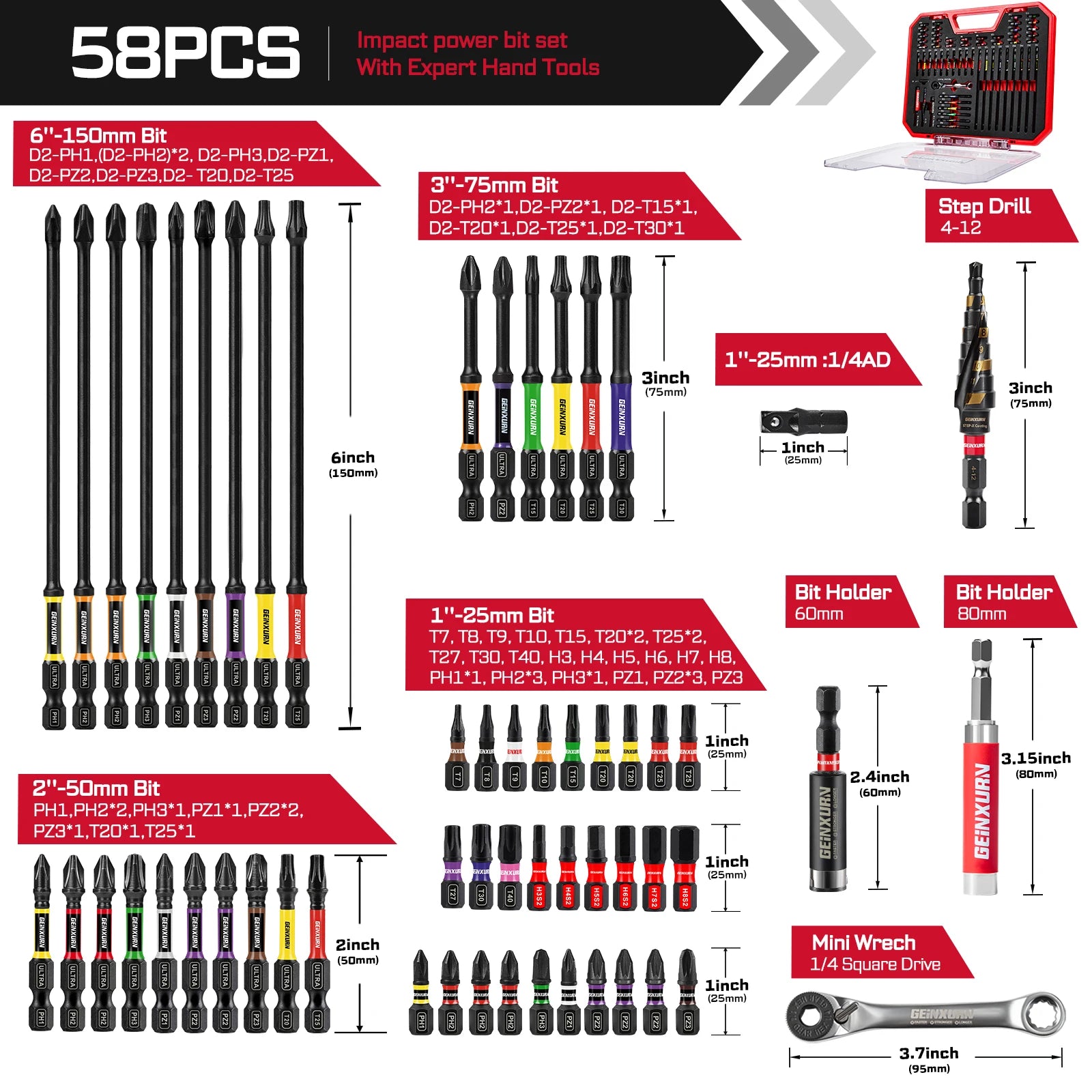 Geinxurn Tools Set Packaged with Screwdriver Bit,Mini Wrench,Socket Driver,Step Drill,Socket Adapter and Bit Holder for DIY