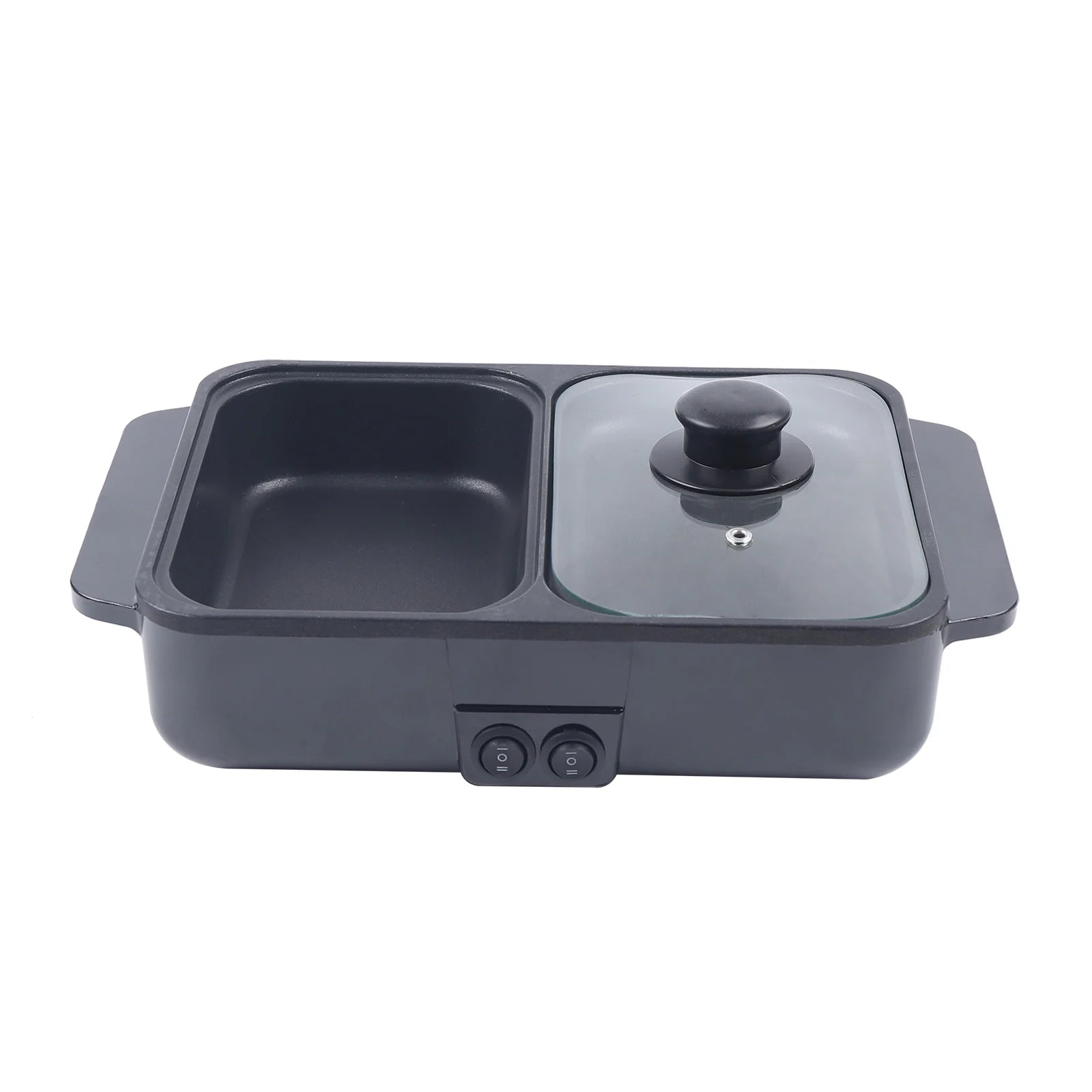 Black 2-in-1 hot pot and grill with glass lid over one side and dual nonstick basins