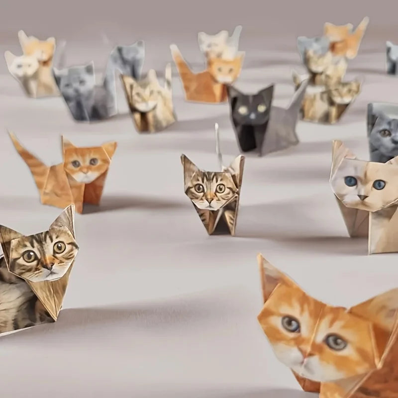 Origami cat paper craft kit featuring multiple folded colorful kittens for creative home decor gifts.