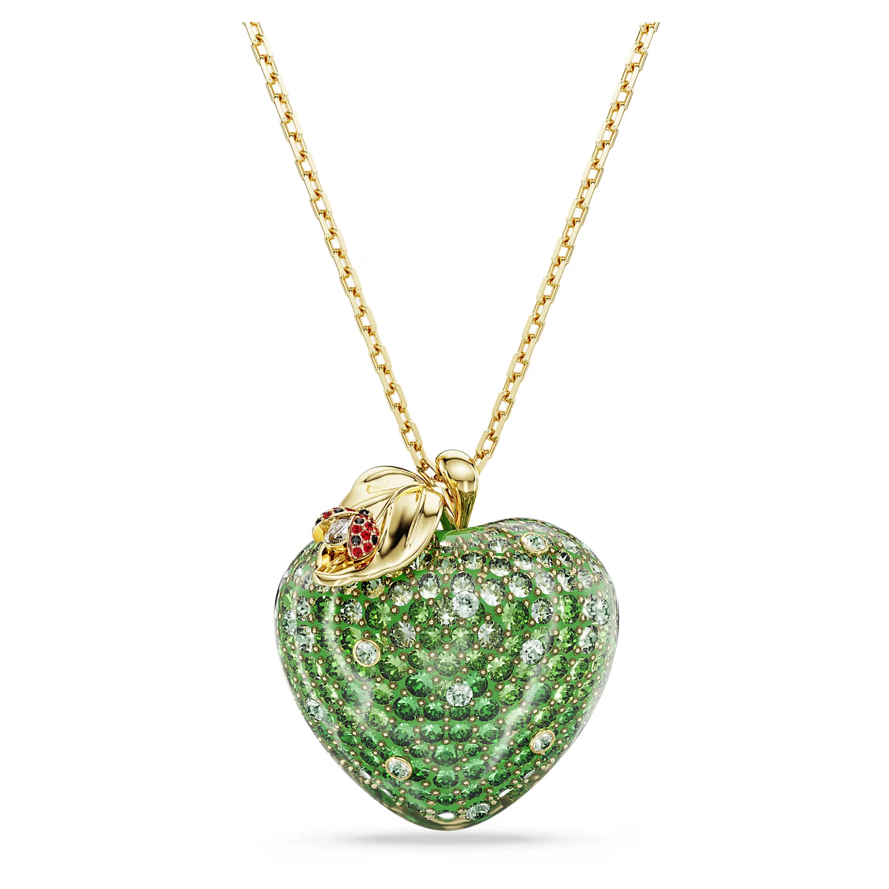 Green Crystal Apple Pendant Necklace with Gold Plated Chain and Ladybug Detail for Women