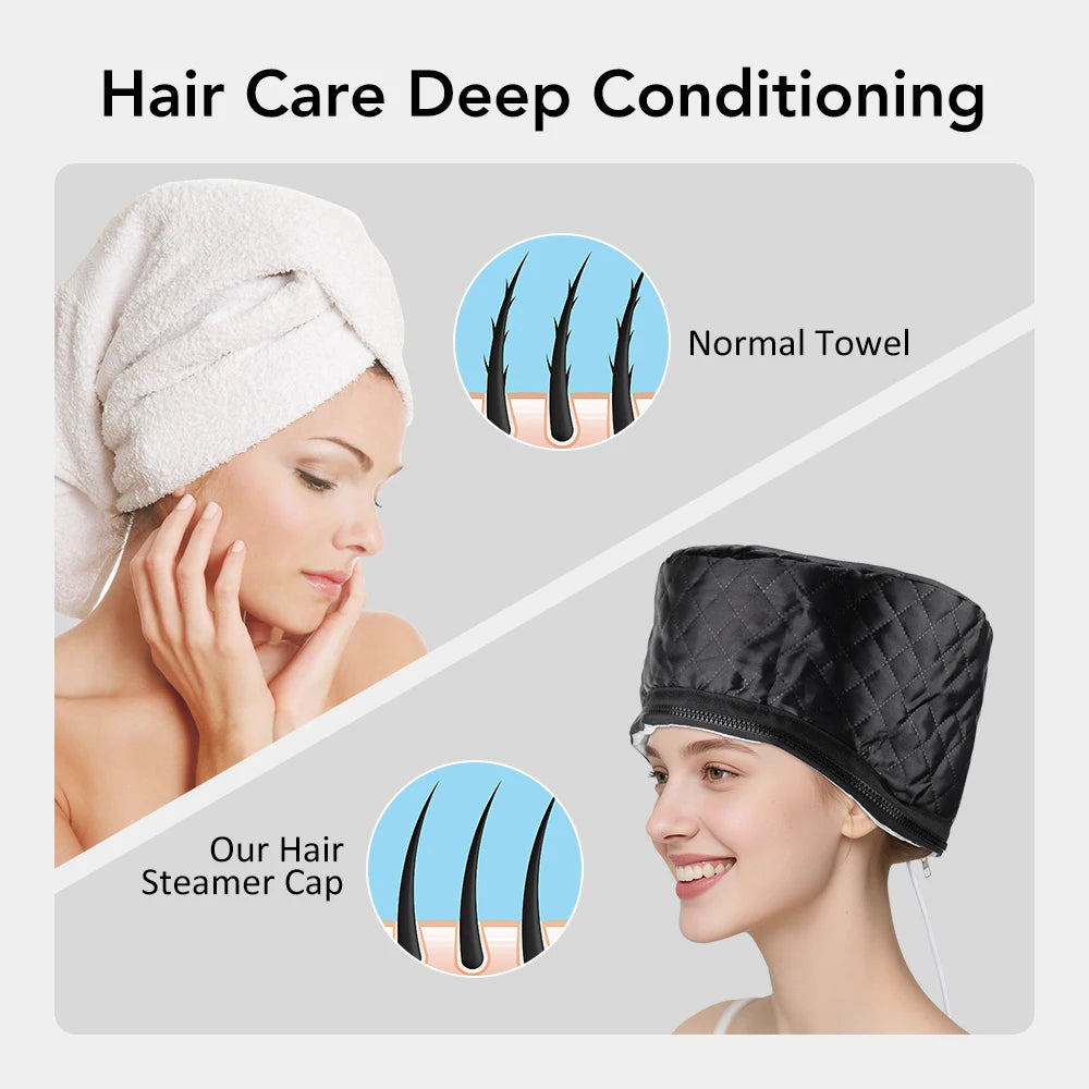 Black quilted electric hair steamer cap for deep conditioning, showing spa heat treatment for home hair care.
