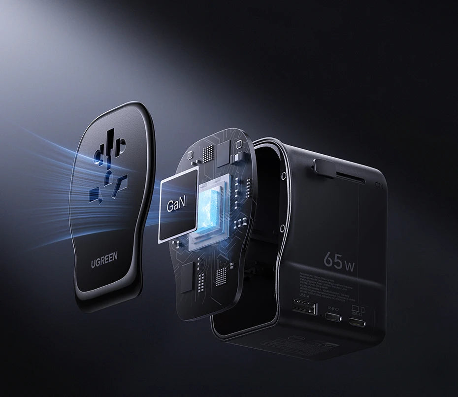 UGREEN 65W Universal Travel Adapter 2 USB-C 1 USB-A AC Socket GaN Charger Certified CE FCC UKCA TÜV For EU US UK Grounded Plug