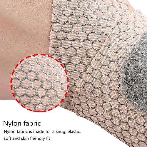 Beige nylon orthopedic wrist support wrap with honeycomb texture for pain relief and joint stabilization.