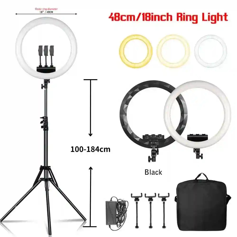 18-inch LED ring light with adjustable tripod stand, three phone mounts, power adapter, and carry bag.