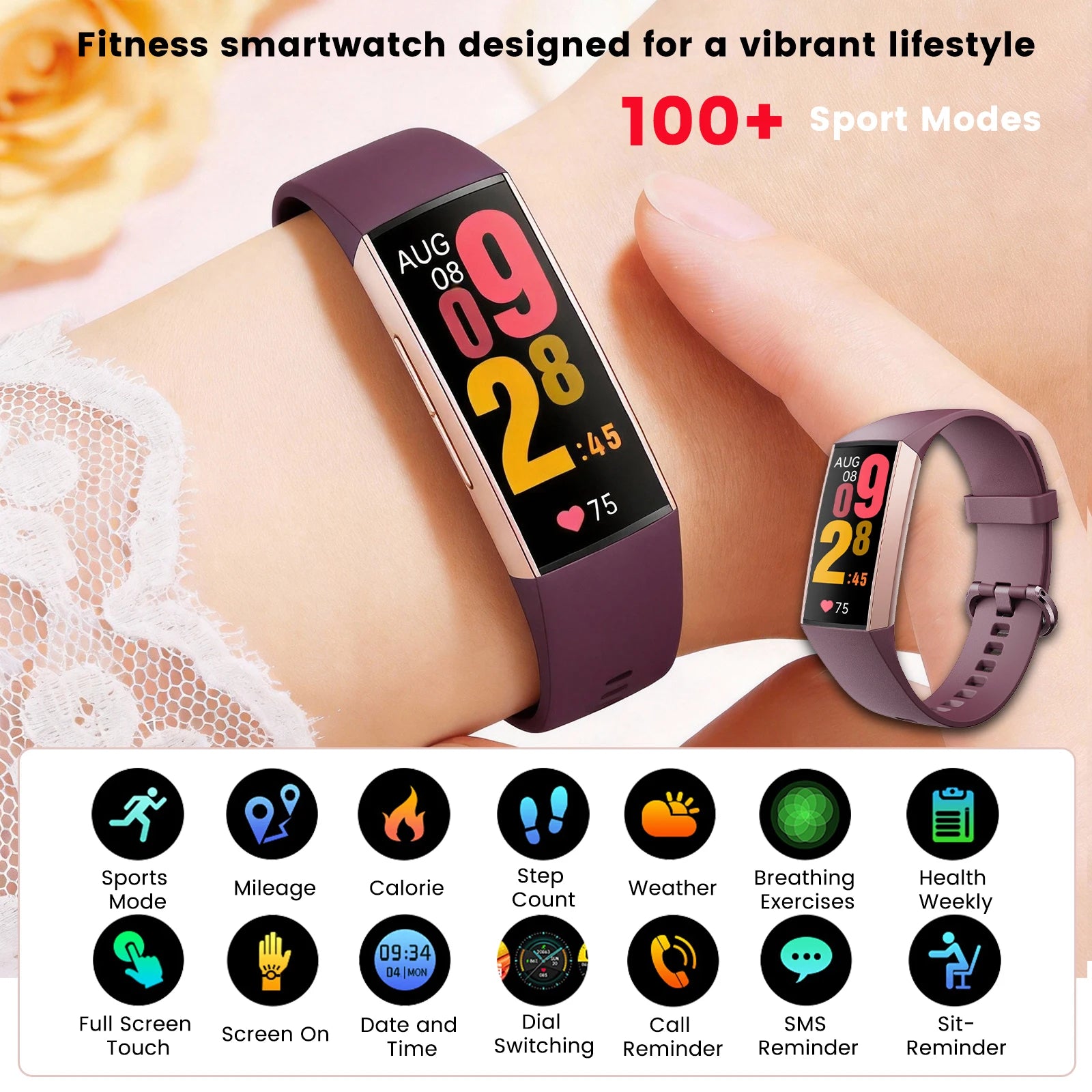 Fitness smartwatch with purple band on wrist, AMOLED display with date and time