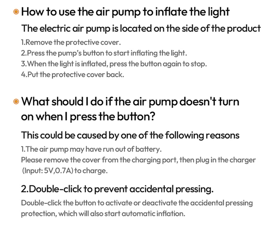 Instructions for operating and charging the built-in electric air pump on an inflatable light.