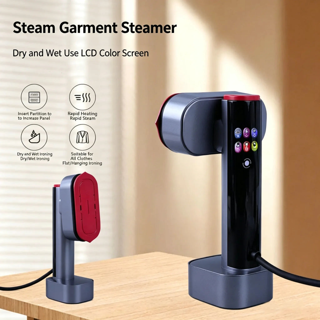 Steam garment steamer with LCD color screen on a wooden table, featuring dry and wet ironing modes for all clothes.