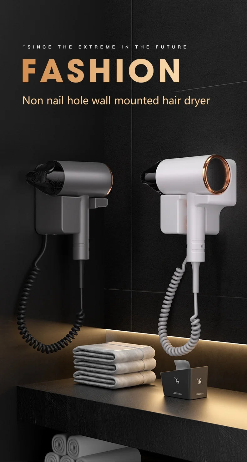 1600W wall-mounted hair dryer set in black and white, featuring drill-free installation and sleek cylinder design.