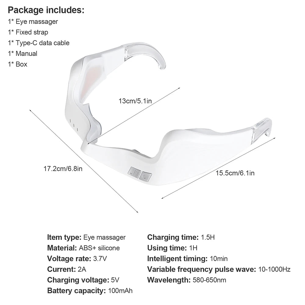 White electric red light eye massager glasses for anti-wrinkle and eye fatigue relief with dimensions and specs.