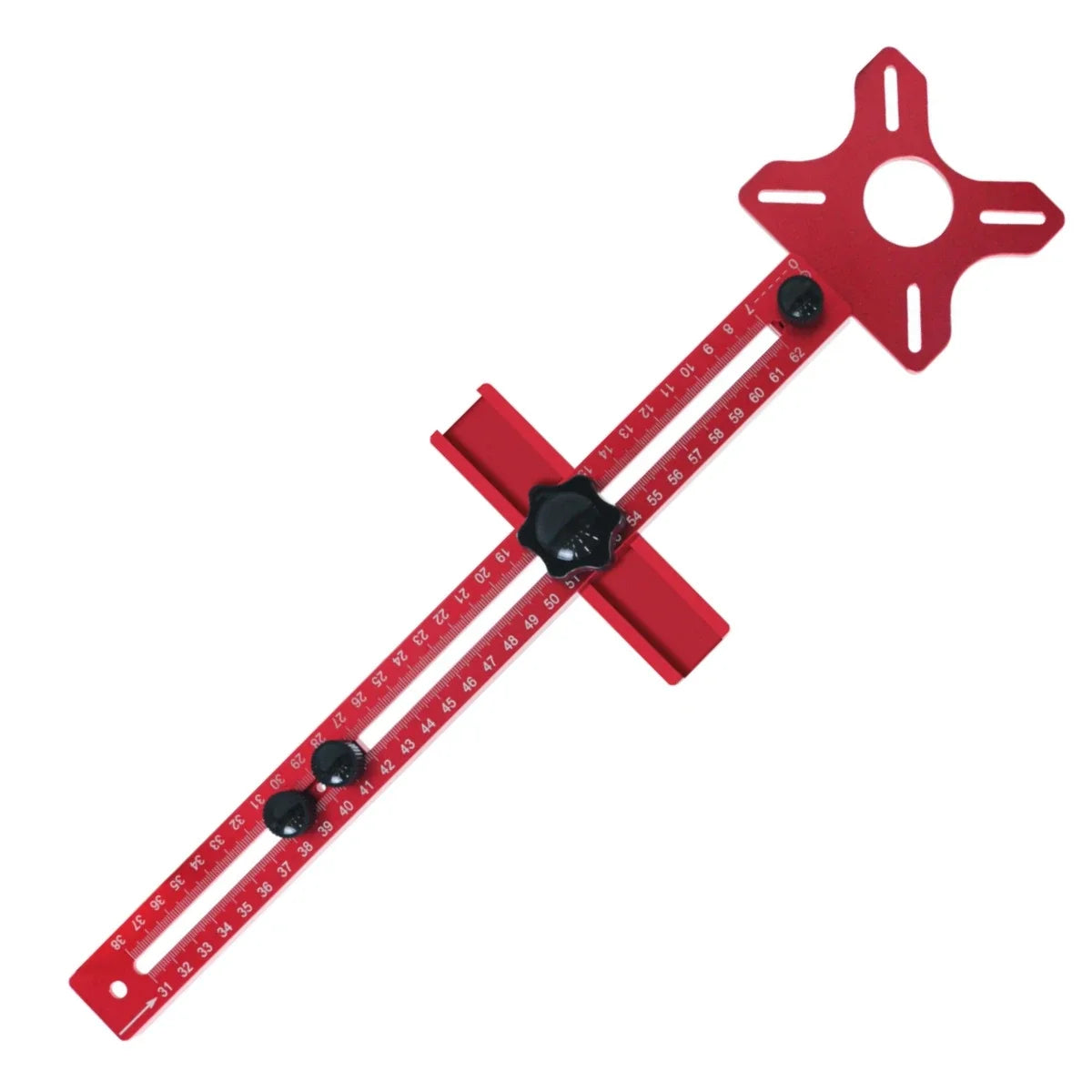 Red router circle cutting jig with star plate and cross stop assembly