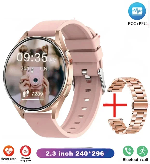 Rose gold smartwatch with round screen showing heart rate and blood oxygen and silicone strap