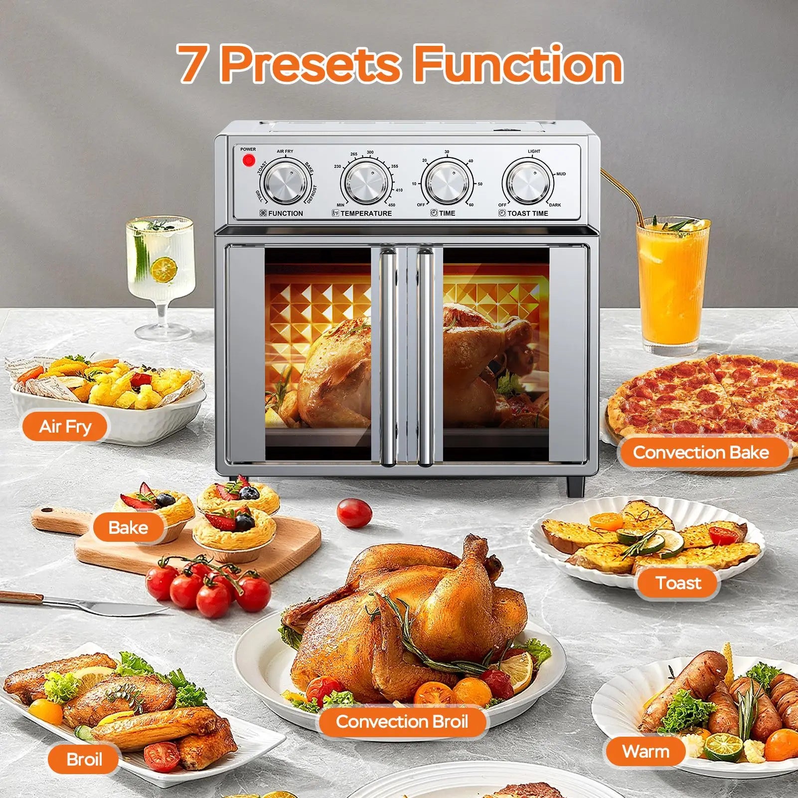 29.5 QT French Door Air Fryer Convection Toaster Oven, Extra Large 6 Slices, 1700W, Multifunction Oven for Air Fryer, Toast, Grill, Defrost, Bake, Time and Temperature Controls, Silver