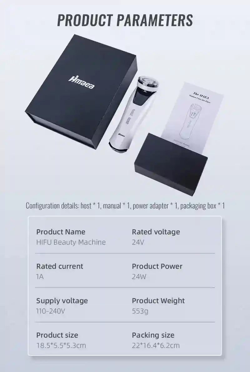 Mini HIFU radio frequency facial machine with EMS for skin tightening, anti-wrinkle care, and beauty instrument set.
