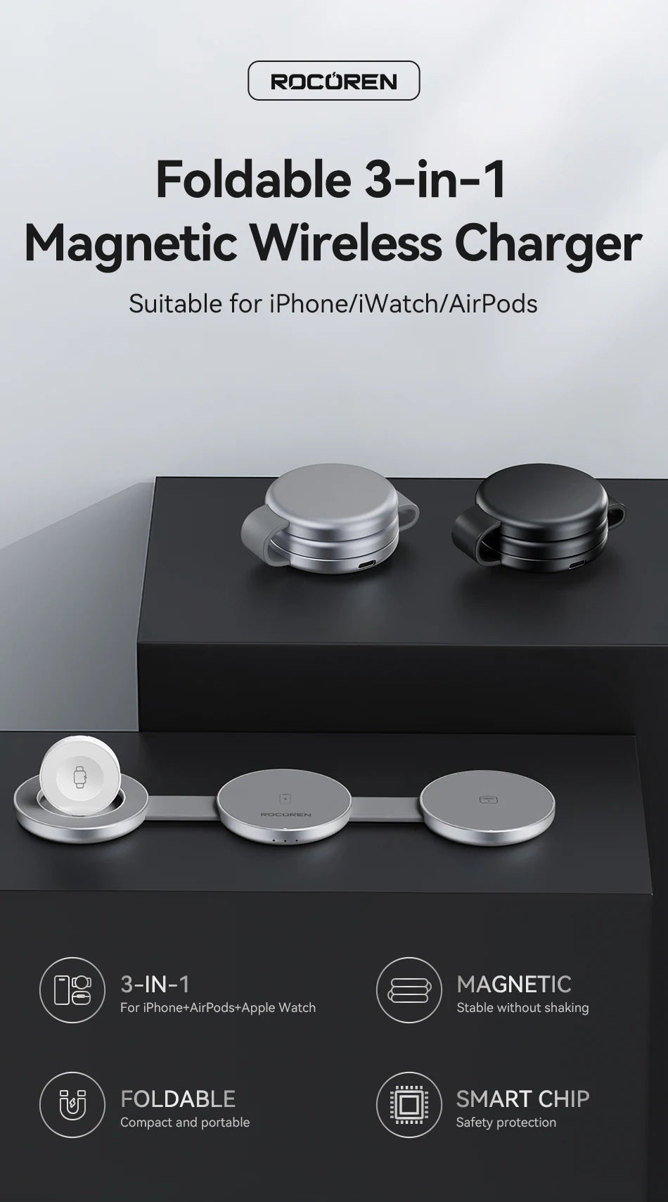 3-in-1 Magnetic Wireless Charger | MagSafe Compatible Fast Dock Tidesmit