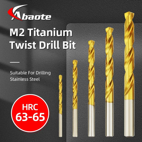 Titanium twist drill bit set with multiple gold spiral bits and silver shanks