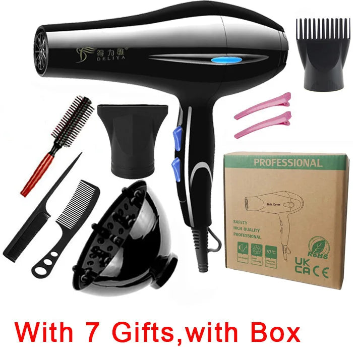 Professional black hair dryer set with attachments, brushes, clips, and gift box, 220V EU plug for home or salon use.