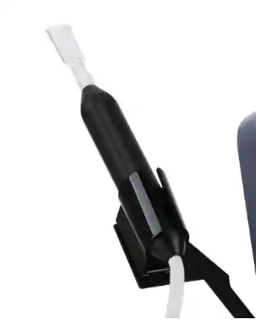 Black cold plasma skin beauty pen for face, acne treatment, and anti-aging in a stand on white background.