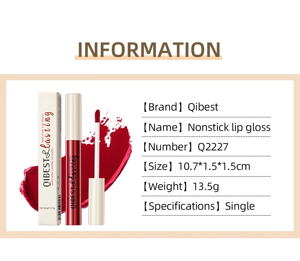 QIBEST sexy red velvet liquid lipstick with long-lasting, nonstick matte finish and applicator in product packaging.