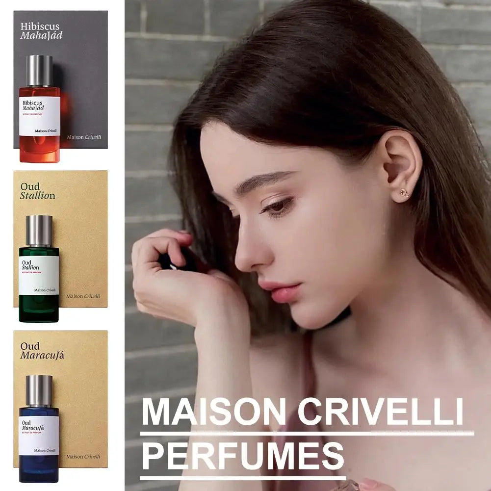 Maison Crivelli Oud Maracuja unisex EDP, 1.7oz spray. Arabic-style oud fragrance in a sleek cylindrical glass bottle.