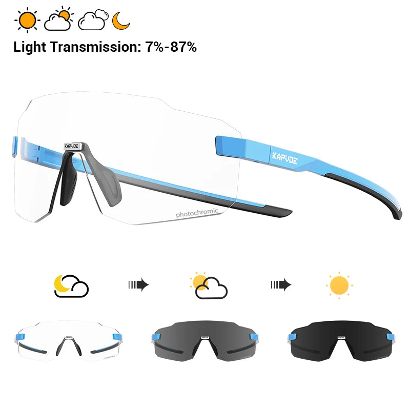 Sport cycling sunglasses with blue-tinted photochromic lenses and light blue frame