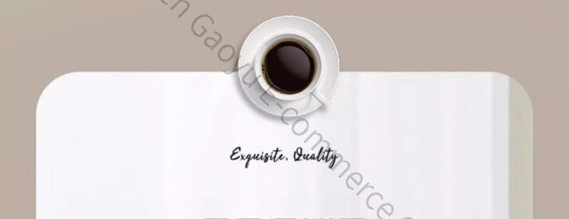 White ceramic coffee cup and saucer on a minimalist beige background with Exquisite Quality branding.
