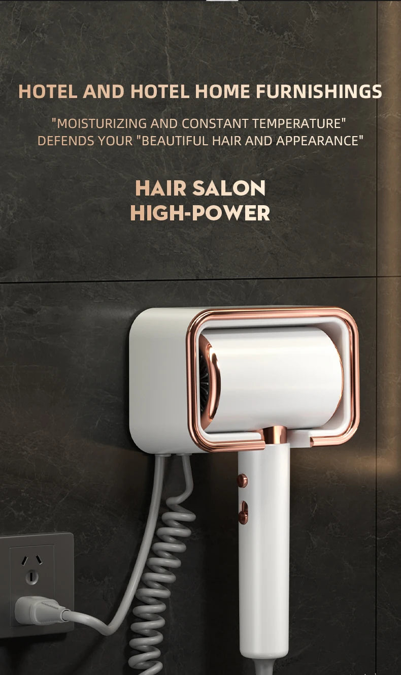 White & rose gold wall-mounted 1300W negative ion hair dryer with coiled cord, perfect for hotels and home bathrooms.