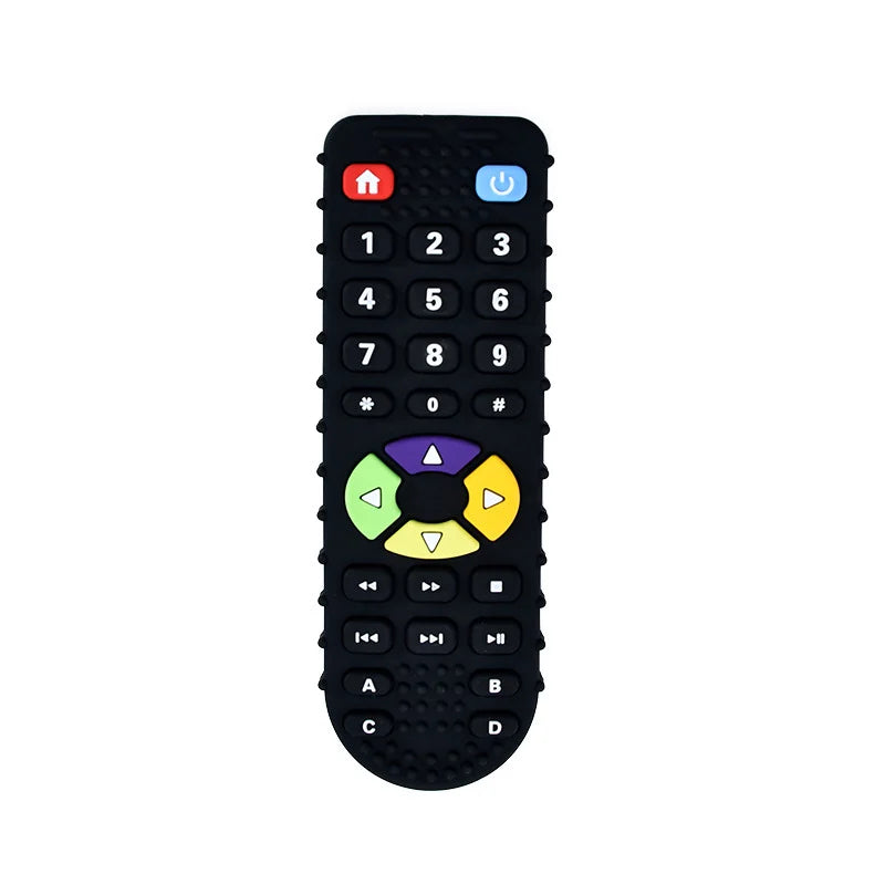 Black silicone remote control baby teething toy for soothing sore gums.