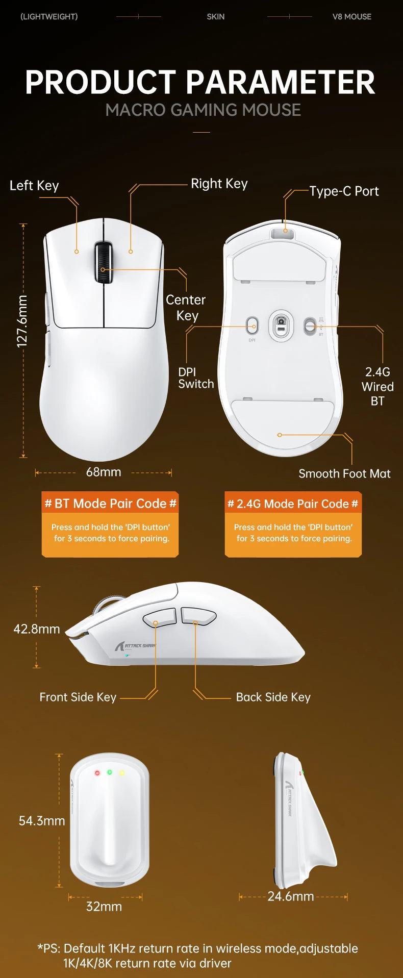8K Receiver & V8 Wireless Mouse,Attack Shark PAW3950Max Sensor,0.168ms Key Delay and Golden Right Hand Design,Black/White Choice