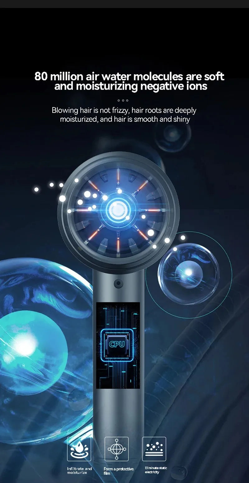 Grey high-speed negative ion hair dryer with CPU digital display for professional salon-quality, frizz-free hair.