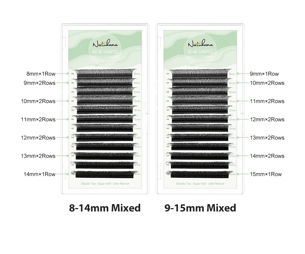 Two trays of black 4D W-shaped premade volume eyelash extensions with varying mixed lengths from 8mm to 15mm.