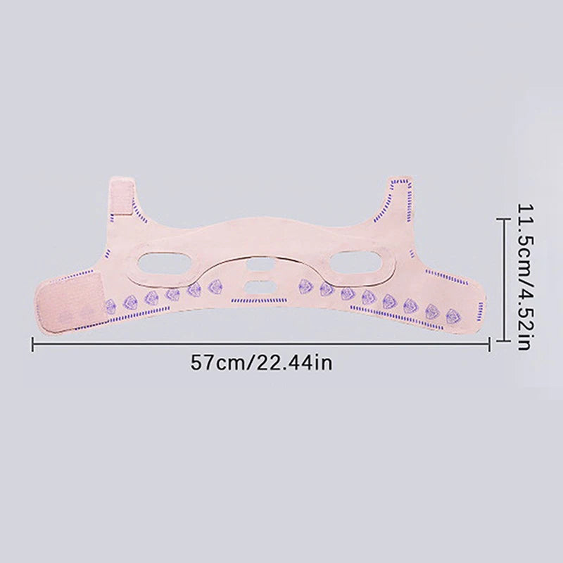 Pink double-deck V-line face slimming bandage with velcro straps for double chin lifting and facial firming.