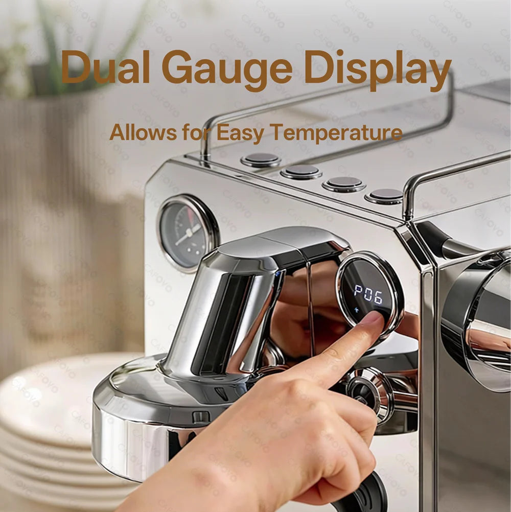 Cafovo stainless steel espresso machine with digital dual gauge display and touch controls for precise brewing.