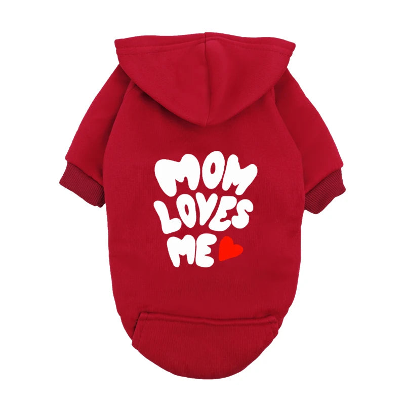 Red "Mom Loves Me" dog hoodie for small dogs. Warm, cozy fleece pet sweater with heart design for cute puppy fashion.
