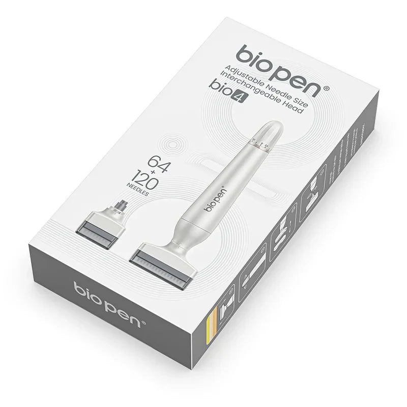 Bio 4 adjustable microneedling derma stamp pen with replaceable heads for beard and hair growth in white retail box.