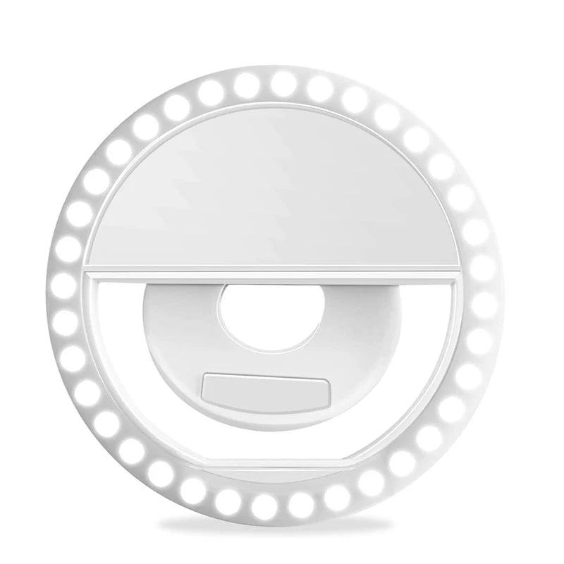 White circular LED clip-on ring light for smartphone cameras, featuring a clip base for attachment.