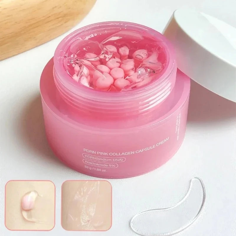 Open pink jar of PDRN collagen capsule cream with translucent gel and small pink capsules, plus texture swatches.