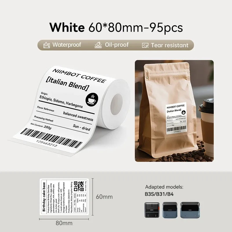 White 60x80mm label stickers roll, 95 pcs, barcode and product label examples