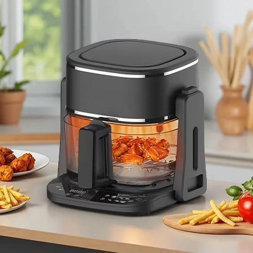Black digital air fryer with see-through glass basket, cooking fries and chicken