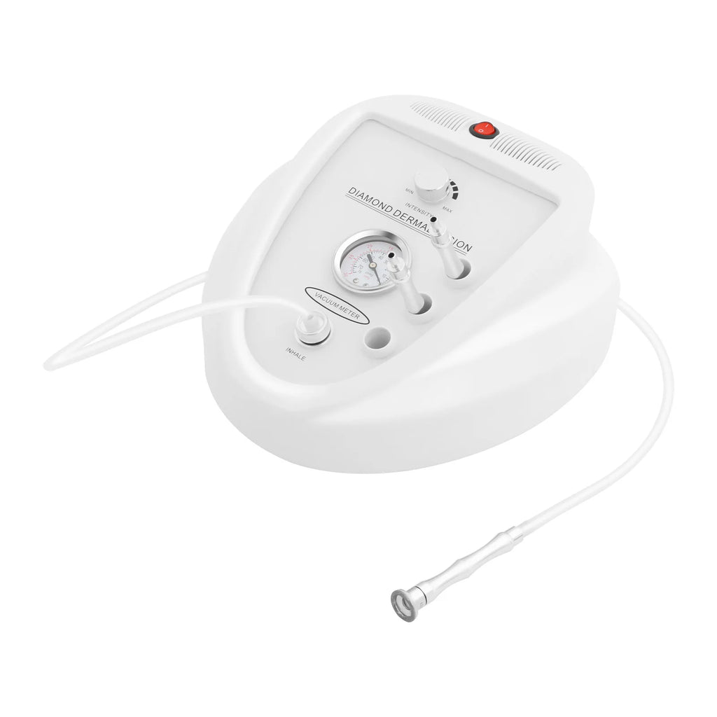 White diamond microdermabrasion machine for home salon use with 9-gear suction intensity and vacuum pressure gauge.