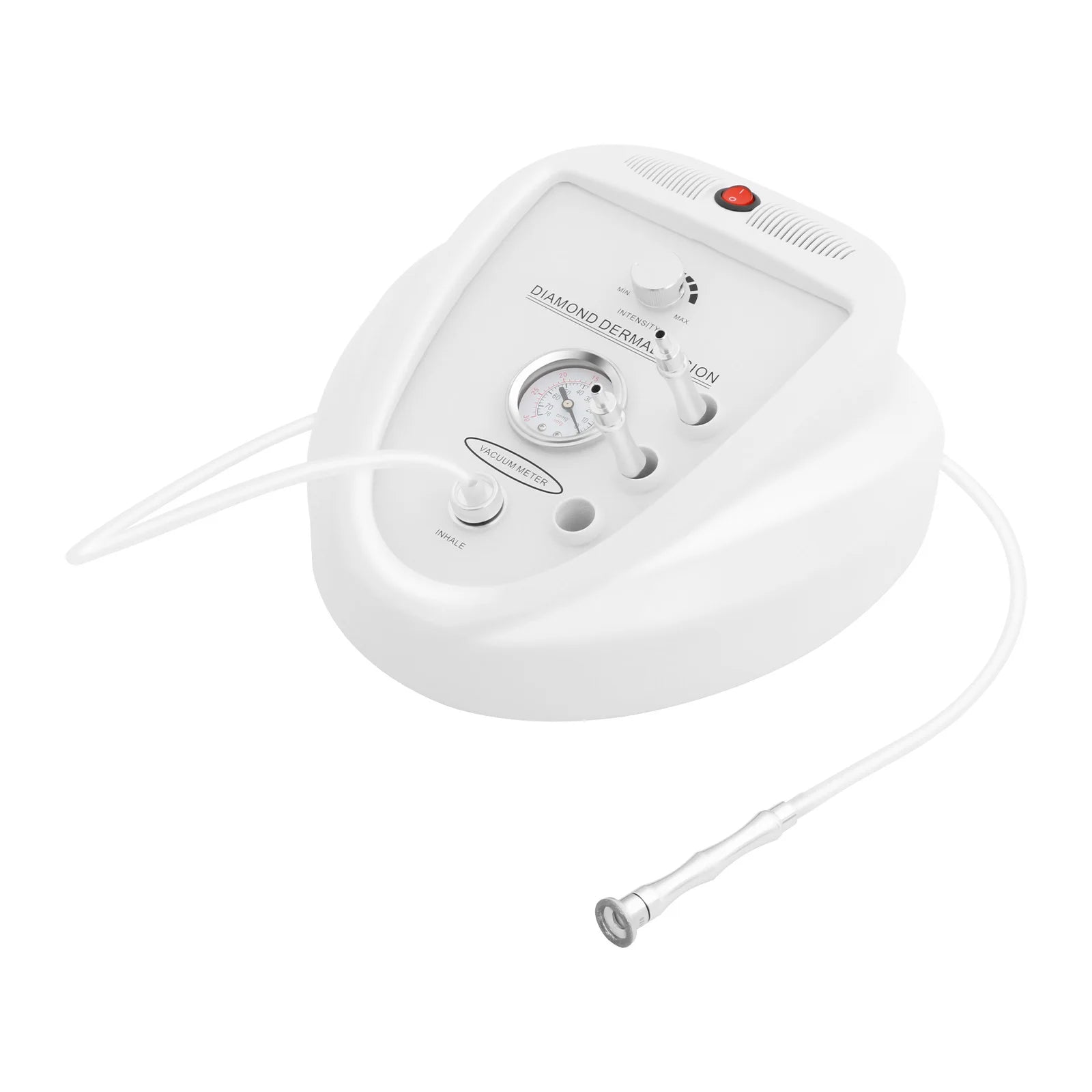 White diamond microdermabrasion machine for home salon use with 9-gear suction intensity and vacuum pressure gauge.