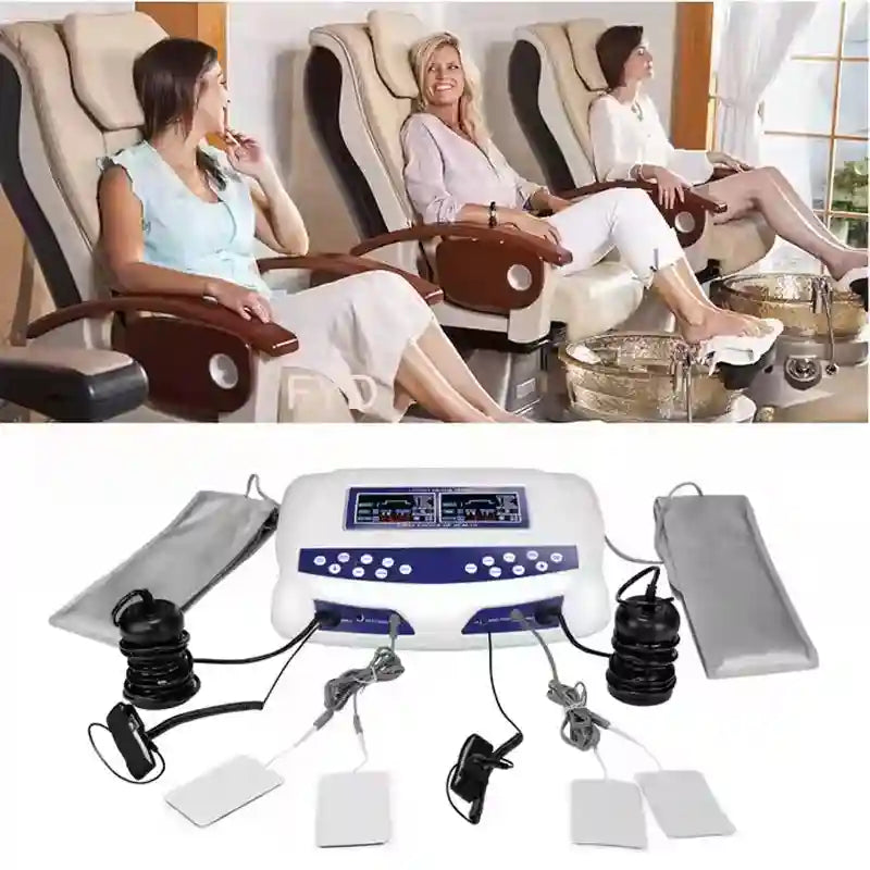 Dual ionic foot detox spa machine with FIR massage belts and ion cleanse arrays for two people.