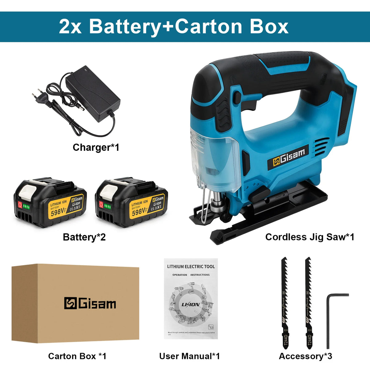 Blue cordless jig saw with charger, 2 batteries, and accessory set