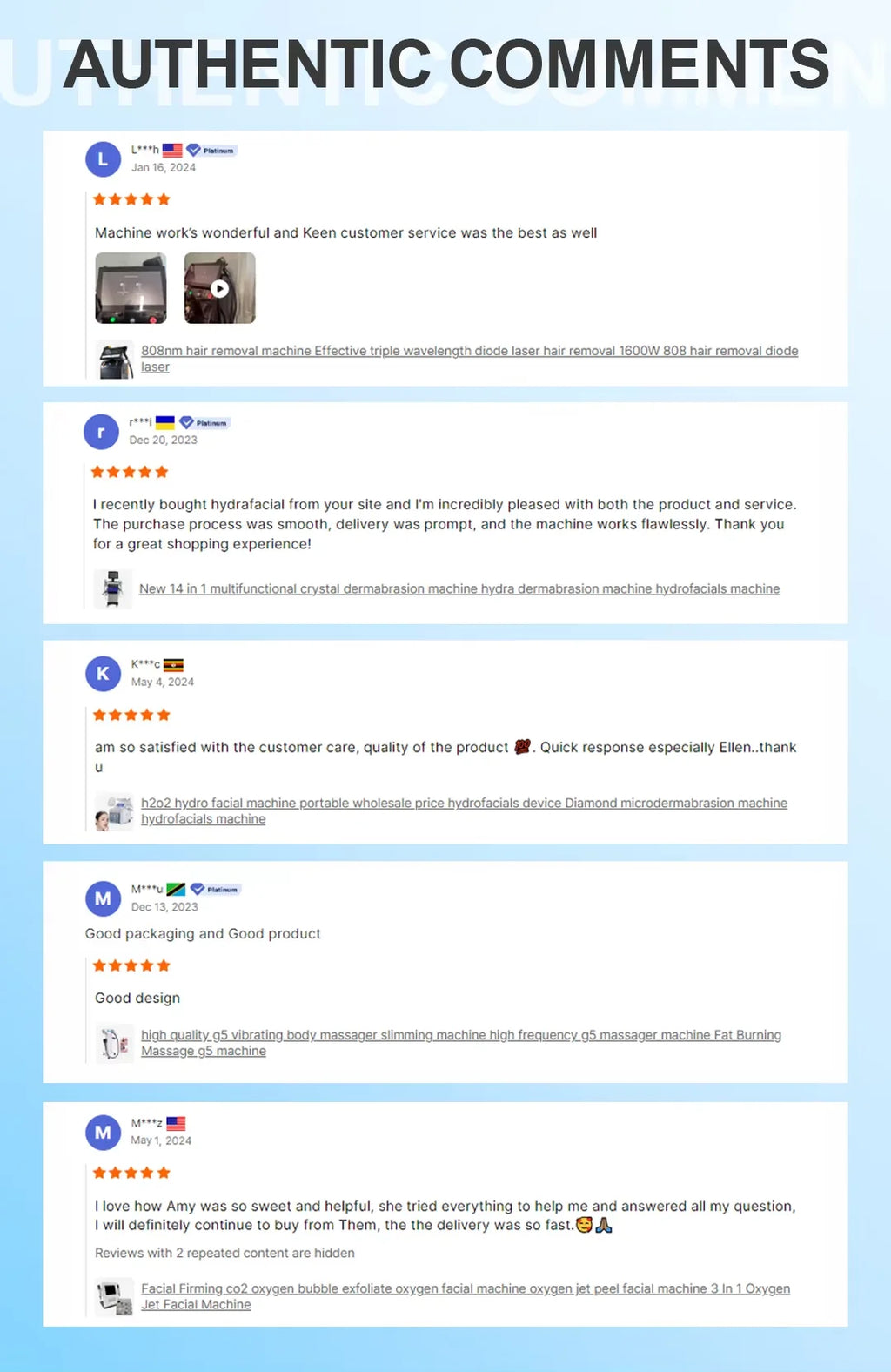 Customer reviews showing 5-star ratings for beauty devices like mesotherapy guns and facial machines.