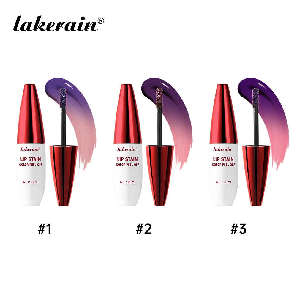 Lakerain peel-off lip stain set with 3 long-lasting, waterproof matte lip tint applicators in vibrant pigment shades.