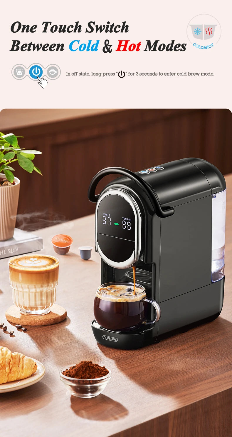 Cafelffe black capsule coffee maker with digital display for hot and cold brew modes on a wooden table.