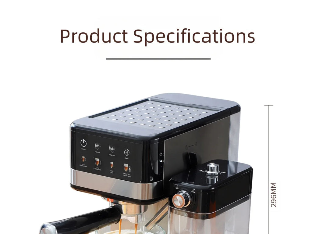 Black and silver espresso machine with milk frother, digital touch display, and 296mm height dimensions.