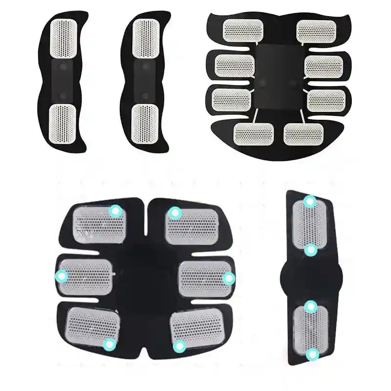 EMS muscle stimulator set featuring black silicone pads with white textured electrode patches in various shapes.