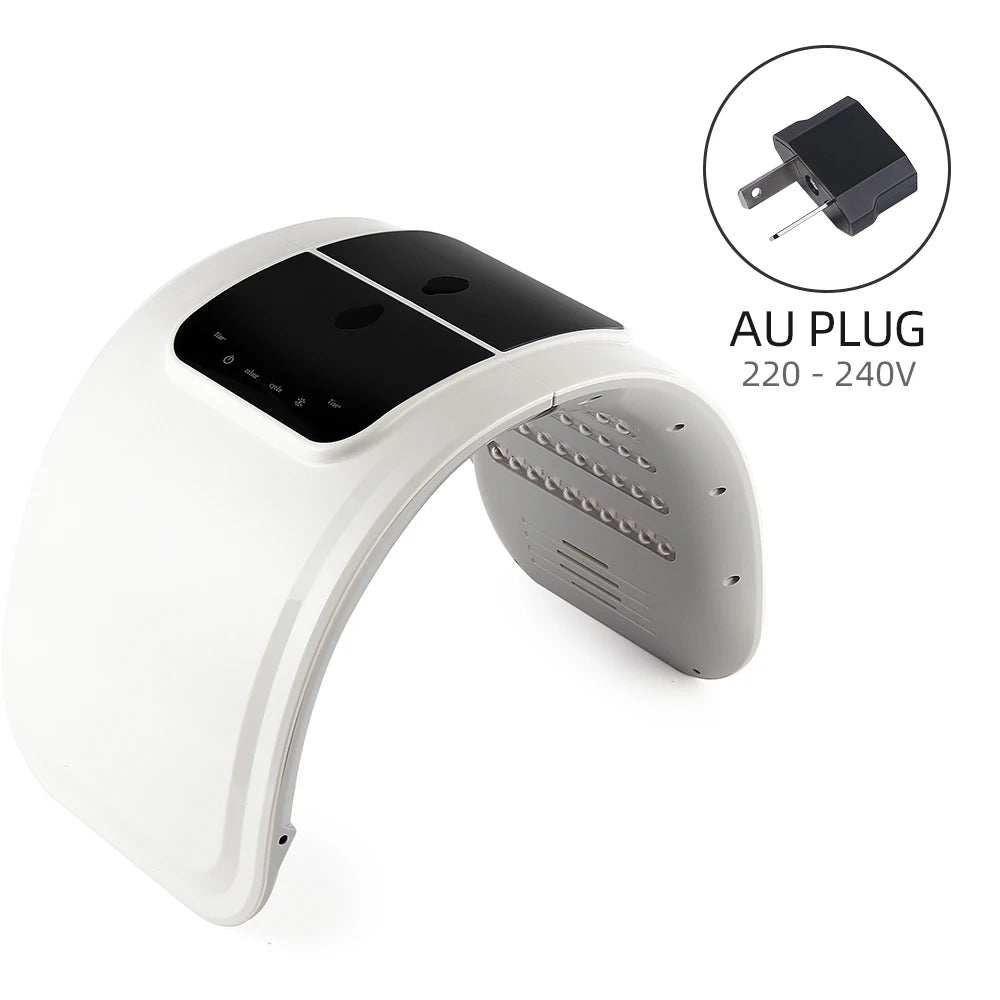 White and black arched LED light therapy mask with internal lights and an AU plug adapter.