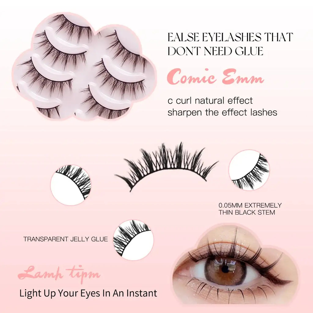Five pairs of black, wispy Manga-style false eyelashes with C-curl, thin stems, and glue-free application.