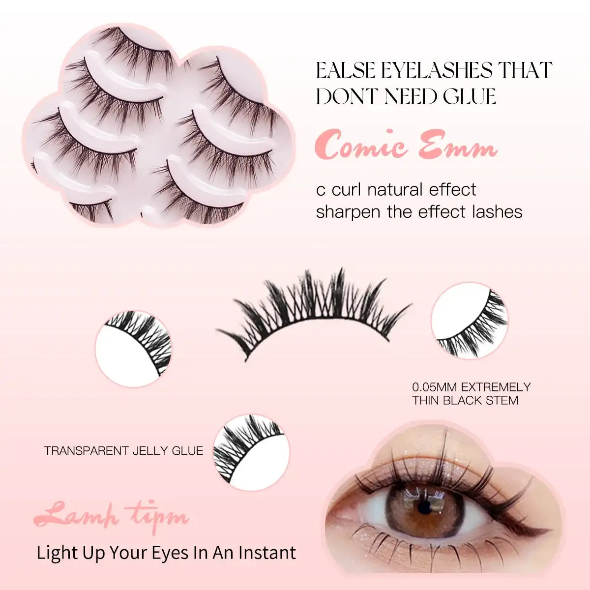 Five pairs of black, wispy Manga-style false eyelashes with C-curl, thin stems, and glue-free application.